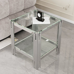 English Elm Modern Two Tier Tempered Glass End Table with Mirrored Stainless Steel Open Frame W1311P154231