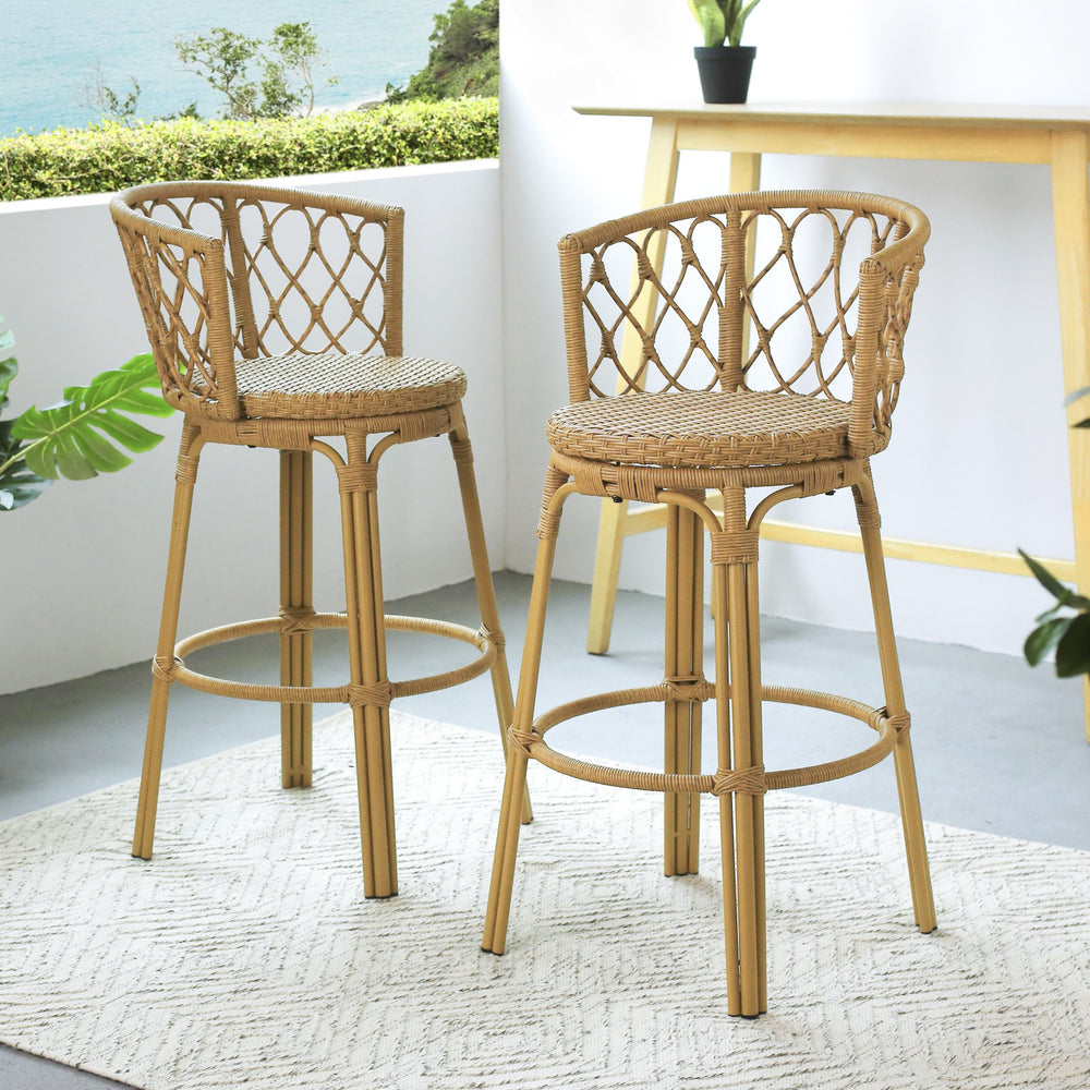 English Elm Christopher Knight Home® - Raynette Bohemia Outdoor Wicker Bar Stool Set of 2 — Light Brown Faux Rattan, Iron Frame, 28.75"H 72373.00