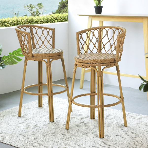 English Elm Christopher Knight Home® - Raynette Bohemia Outdoor Wicker Bar Stool Set of 2 — Light Brown Faux Rattan, Iron Frame, 28.75"H 72373.00