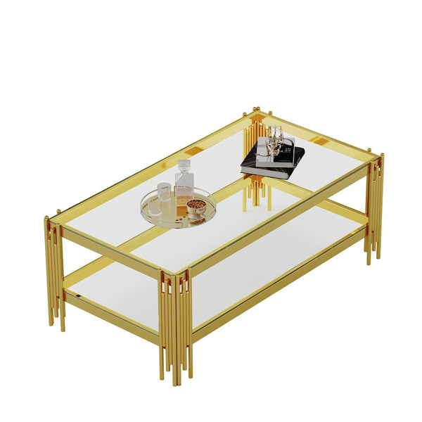 English Elm Top Tier Dual Shelf Tempered Glass Coffee Table with Mirror Polished Steel Frame Gold W1311S00234