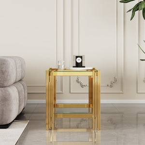 English Elm Modern Two Tier Tempered Glass End Table with Mirrored Stainless Steel Open Frame W1311P154229