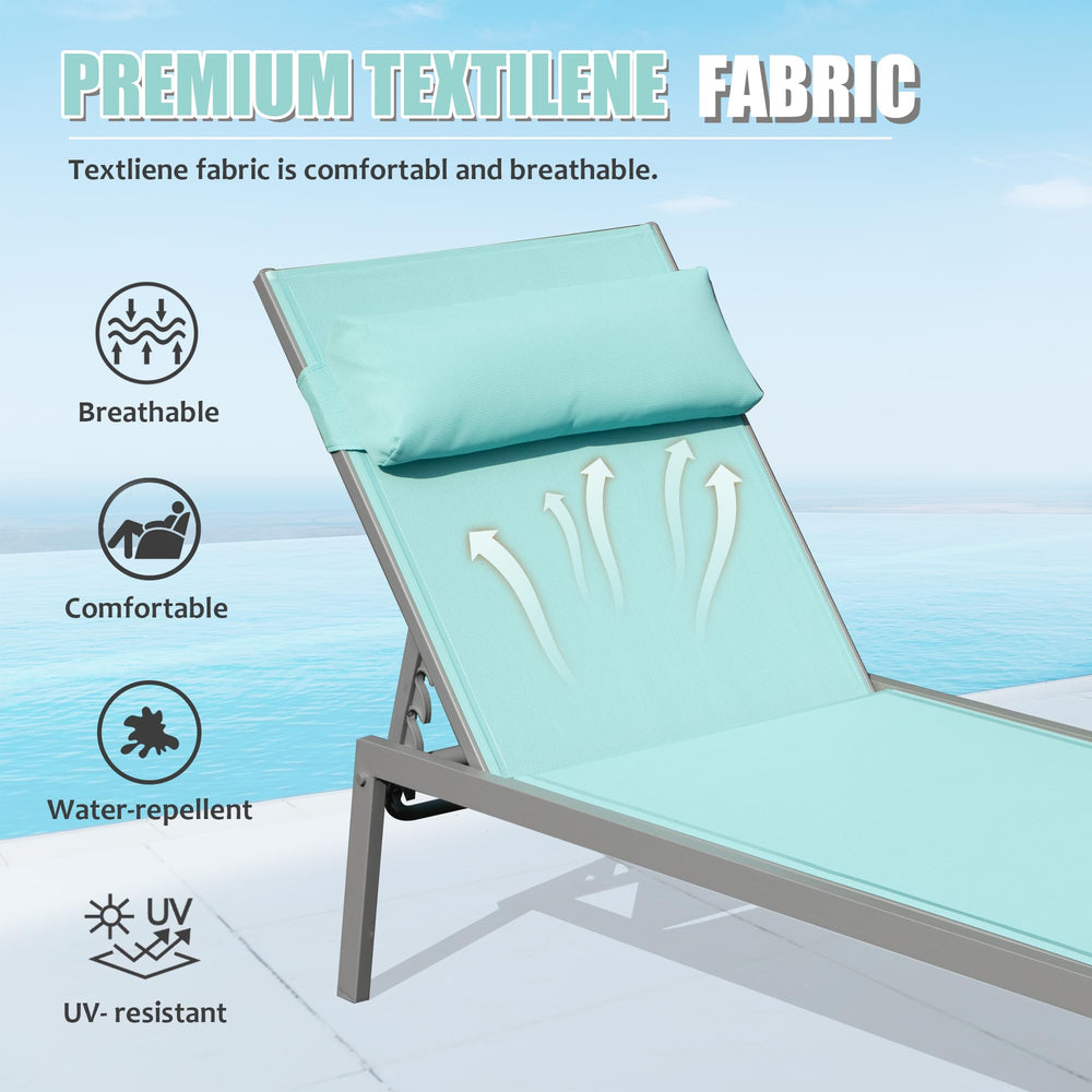 English Elm Patio Aluminum Chaise Lounge Set of 3 with Side Table — All-Weather Textilene Recliners, 5-Position Adjustable, Rust-Resistant Frame Lake Blue W1859P172267