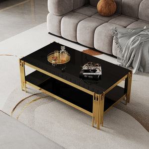 English Elm Top Tier Dual Shelf Tempered Glass Coffee Table with Mirror Polished Steel Frame Black+Gold W1311S00233