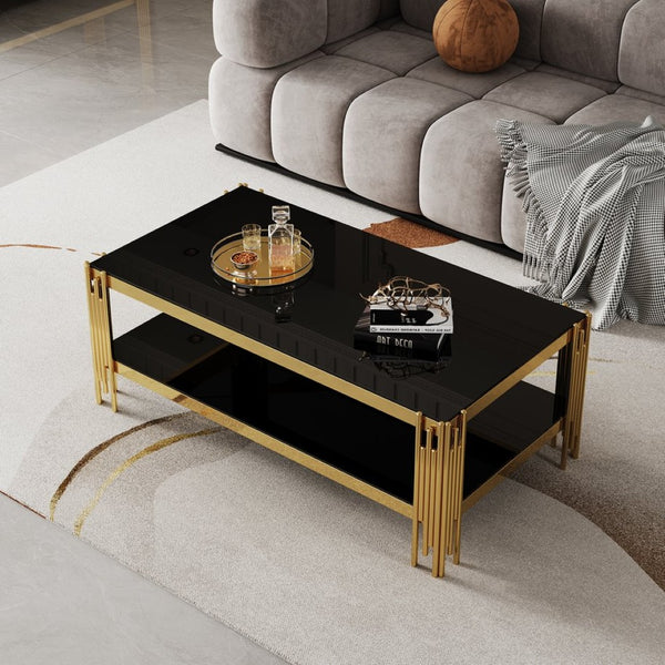 English Elm Top Tier Dual Shelf Tempered Glass Coffee Table with Mirror Polished Steel Frame Black+Gold W1311S00233