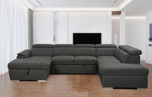 English Elm 128"Sofa U-Shaped Sectional with Pull-Out Bed, Storage Chaises, Adjustable Headrests for Comfort Grey W1417S00071