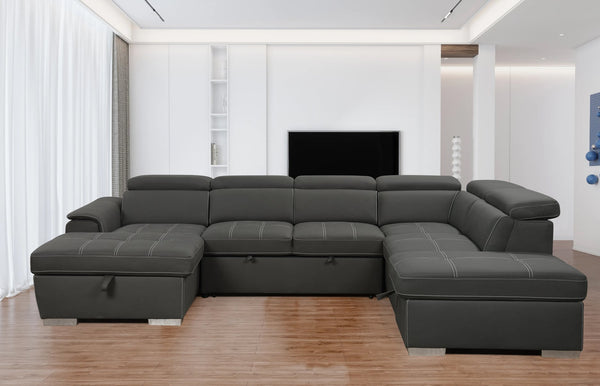 English Elm 128"Sofa U-Shaped Sectional with Pull-Out Bed, Storage Chaises, Adjustable Headrests for Comfort Grey W1417S00071