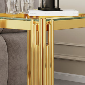English Elm Modern Two Tier Tempered Glass End Table with Mirrored Stainless Steel Open Frame W1311P154229