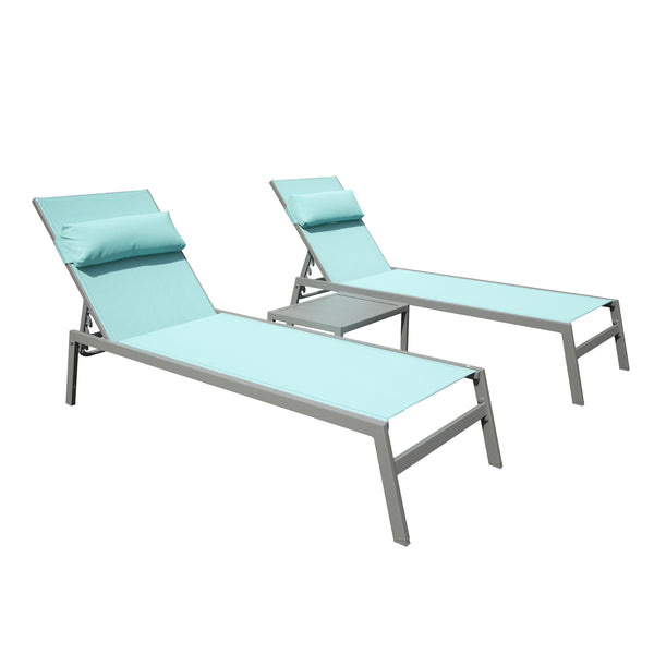 English Elm Patio Aluminum Chaise Lounge Set of 3 with Side Table — All-Weather Textilene Recliners, 5-Position Adjustable, Rust-Resistant Frame Lake Blue W1859P172267