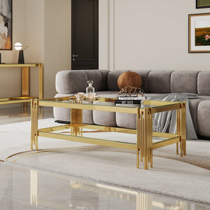 English Elm Top Tier Dual Shelf Tempered Glass Coffee Table with Mirror Polished Steel Frame Gold W1311S00234
