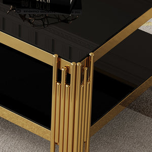 English Elm Top Tier Dual Shelf Tempered Glass Coffee Table with Mirror Polished Steel Frame Black+Gold W1311S00233