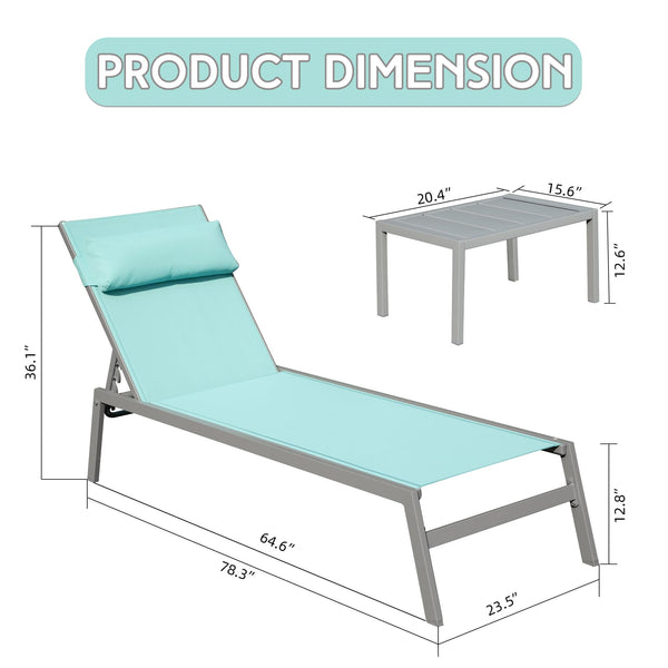 English Elm Patio Aluminum Chaise Lounge Set of 3 with Side Table — All-Weather Textilene Recliners, 5-Position Adjustable, Rust-Resistant Frame Lake Blue W1859P172267