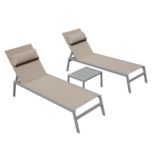 English Elm Patio Aluminum Chaise Lounge Set of 3 with Side Table — All-Weather Textilene Recliners, 5-Position Adjustable, Rust-Resistant Frame khaki W1859P172239