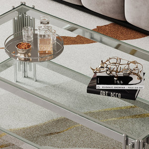 English Elm Top Tier Dual Shelf Tempered Glass Coffee Table with Mirror Polished Steel Frame W1311S00236