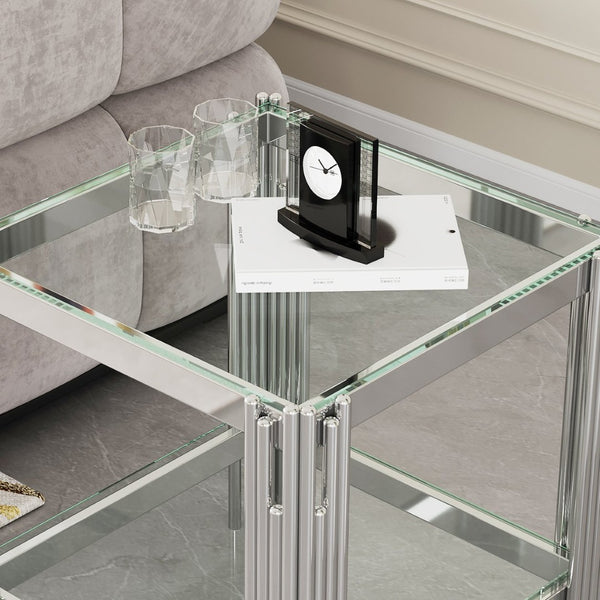 English Elm Modern Two Tier Tempered Glass End Table with Mirrored Stainless Steel Open Frame W1311P154231