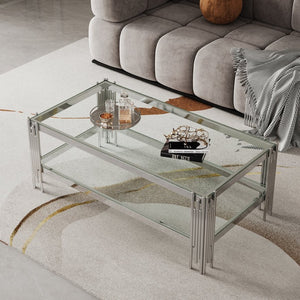 English Elm Top Tier Dual Shelf Tempered Glass Coffee Table with Mirror Polished Steel Frame W1311S00236