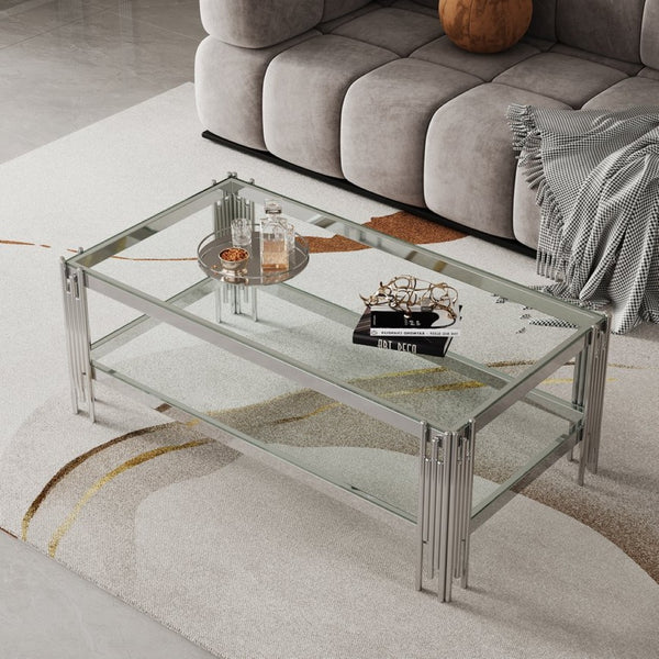 English Elm Top Tier Dual Shelf Tempered Glass Coffee Table with Mirror Polished Steel Frame W1311S00236