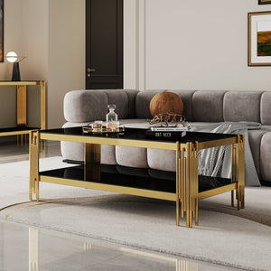 English Elm Top Tier Dual Shelf Tempered Glass Coffee Table with Mirror Polished Steel Frame Black+Gold W1311S00233