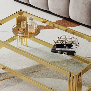 English Elm Top Tier Dual Shelf Tempered Glass Coffee Table with Mirror Polished Steel Frame Gold W1311S00234
