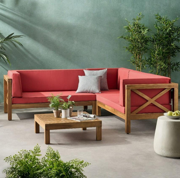 English Elm Brava Acacia Wood Outdoor Modular Sofa Set Mid-century Slatted Cross-back Patio Seating Red 57967-8-64489RED-64496.00