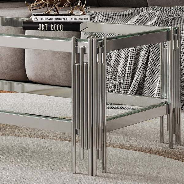 English Elm Top Tier Dual Shelf Tempered Glass Coffee Table with Mirror Polished Steel Frame W1311S00236