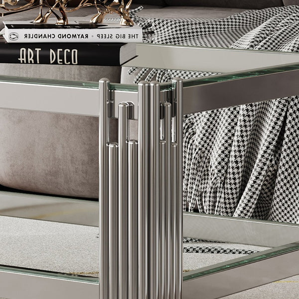English Elm Top Tier Dual Shelf Tempered Glass Coffee Table with Mirror Polished Steel Frame W1311S00236