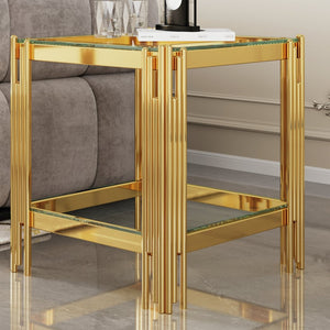 English Elm Modern Two Tier Tempered Glass End Table with Mirrored Stainless Steel Open Frame W1311P154229