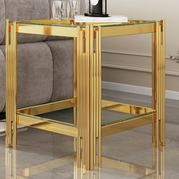 English Elm Modern Two Tier Tempered Glass End Table with Mirrored Stainless Steel Open Frame W1311P154229