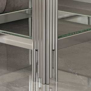 English Elm Modern Two Tier Tempered Glass End Table with Mirrored Stainless Steel Open Frame W1311P154231