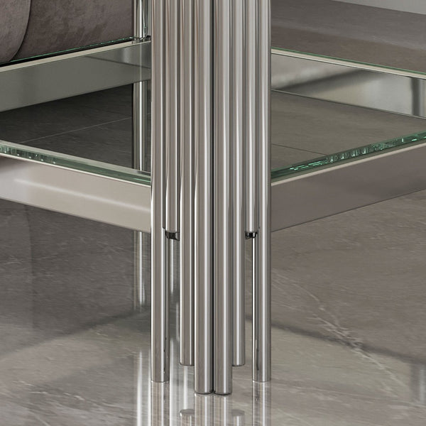 English Elm Modern Two Tier Tempered Glass End Table with Mirrored Stainless Steel Open Frame W1311P154231