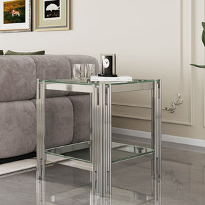 English Elm Modern Two Tier Tempered Glass End Table with Mirrored Stainless Steel Open Frame W1311P154231