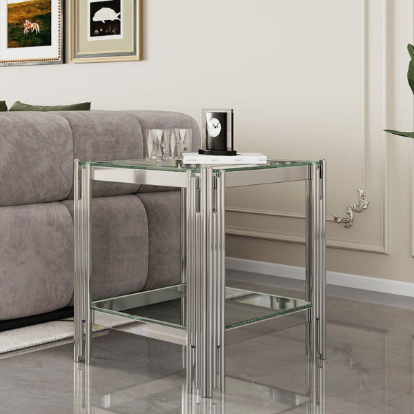 English Elm Modern Two Tier Tempered Glass End Table with Mirrored Stainless Steel Open Frame W1311P154231