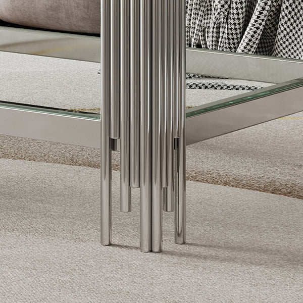 English Elm Top Tier Dual Shelf Tempered Glass Coffee Table with Mirror Polished Steel Frame W1311S00236