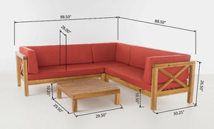 English Elm Brava Acacia Wood Outdoor Modular Sofa Set Mid-century Slatted Cross-back Patio Seating Red 57967-8-64489RED-64496.00