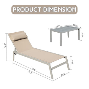 English Elm Patio Aluminum Chaise Lounge Set of 3 with Side Table — All-Weather Textilene Recliners, 5-Position Adjustable, Rust-Resistant Frame khaki W1859P172239