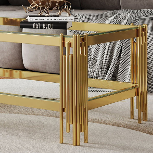 English Elm Top Tier Dual Shelf Tempered Glass Coffee Table with Mirror Polished Steel Frame Gold W1311S00234