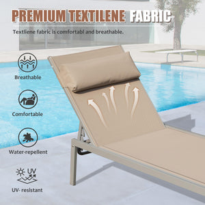 English Elm Patio Aluminum Chaise Lounge Set of 3 with Side Table — All-Weather Textilene Recliners, 5-Position Adjustable, Rust-Resistant Frame khaki W1859P172239