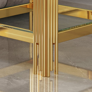 English Elm Modern Two Tier Tempered Glass End Table with Mirrored Stainless Steel Open Frame W1311P154229