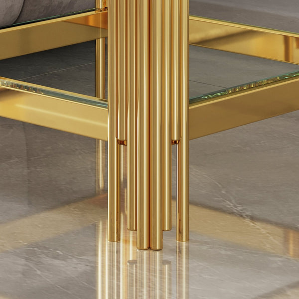 English Elm Modern Two Tier Tempered Glass End Table with Mirrored Stainless Steel Open Frame W1311P154229