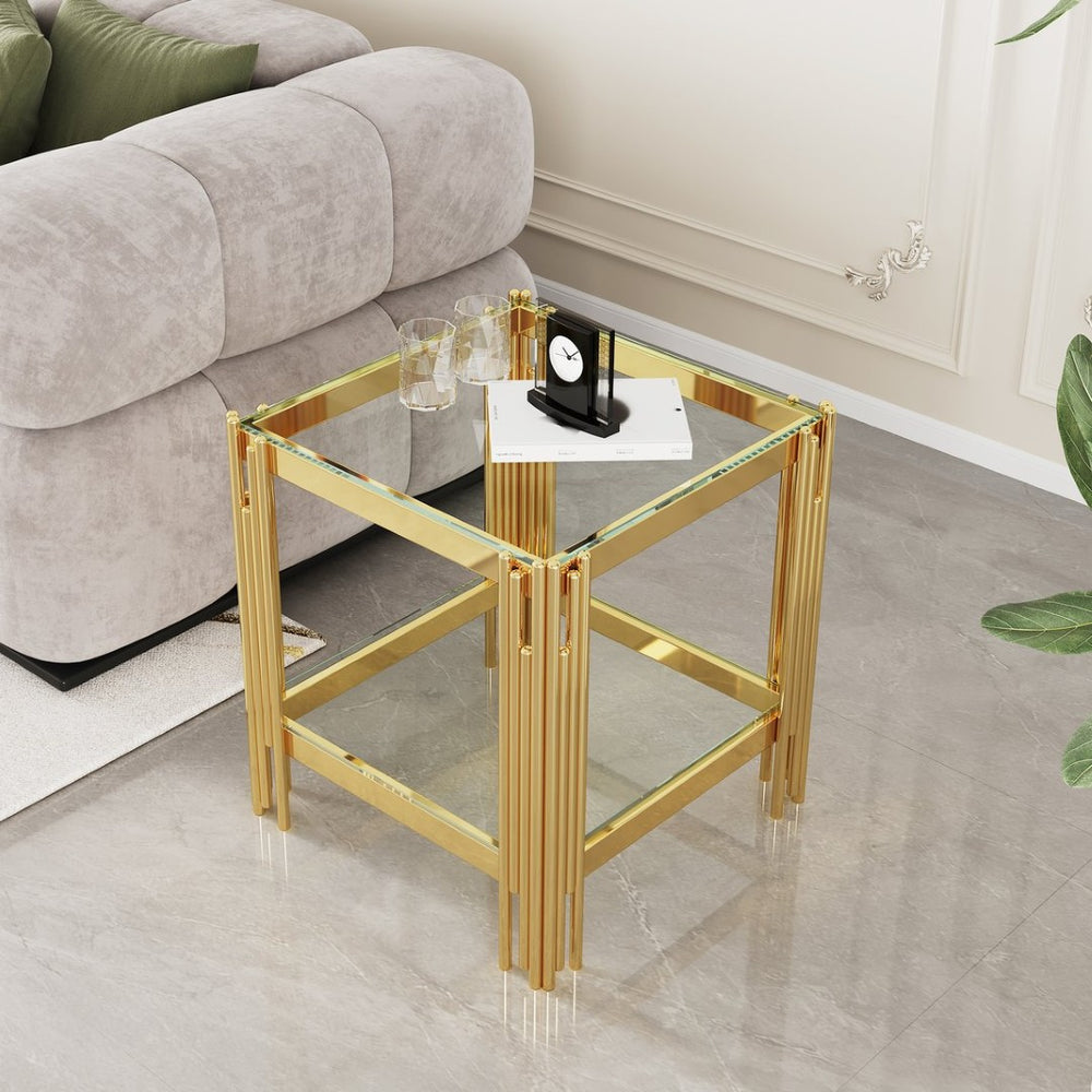 English Elm Modern Two Tier Tempered Glass End Table with Mirrored Stainless Steel Open Frame W1311P154229