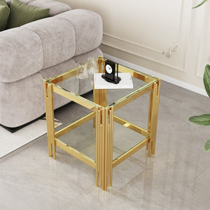 English Elm Modern Two Tier Tempered Glass End Table with Mirrored Stainless Steel Open Frame W1311P154229
