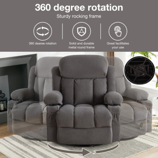 English Elm Swinging Velvet Recliner Chair with Massage Heat Usb Port and 360 Swivel Lounge Seat Grey W1807P298206