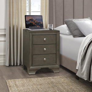 English Elm Gray Transitional 3-Drawer Nightstand with Dual USB Ports, Chrome Knobs, Okume Veneer Accent Table B011P172005