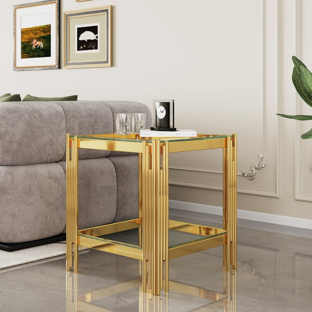 English Elm Modern Two Tier Tempered Glass End Table with Mirrored Stainless Steel Open Frame W1311P154229
