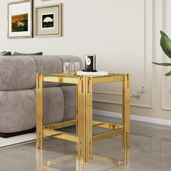 English Elm Modern Two Tier Tempered Glass End Table with Mirrored Stainless Steel Open Frame W1311P154229