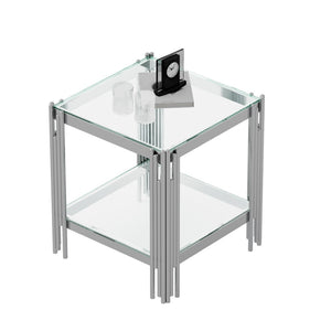 English Elm Modern Two Tier Tempered Glass End Table with Mirrored Stainless Steel Open Frame W1311P154231