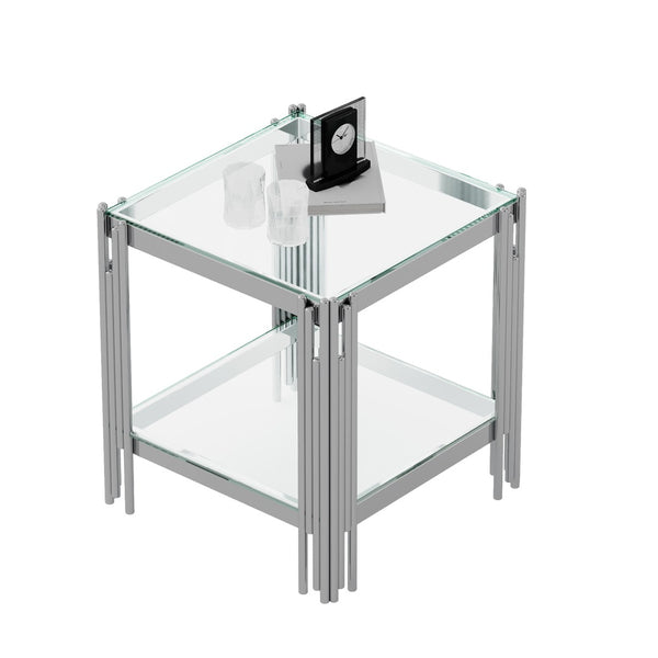 English Elm Modern Two Tier Tempered Glass End Table with Mirrored Stainless Steel Open Frame W1311P154231