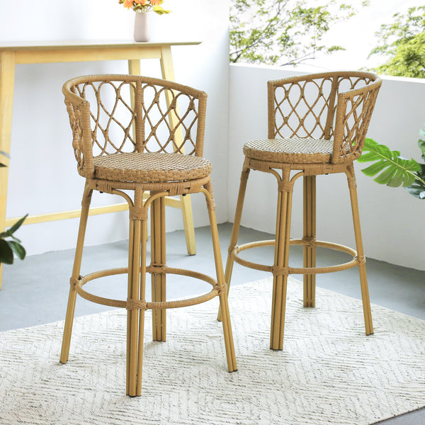 English Elm Christopher Knight Home® - Raynette Bohemia Outdoor Wicker Bar Stool Set of 2 — Light Brown Faux Rattan, Iron Frame, 28.75"H 72373.00