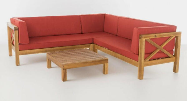 English Elm Brava Acacia Wood Outdoor Modular Sofa Set Mid-century Slatted Cross-back Patio Seating Red 57967-8-64489RED-64496.00