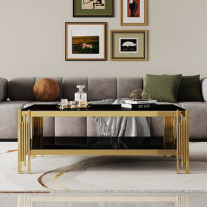 English Elm Top Tier Dual Shelf Tempered Glass Coffee Table with Mirror Polished Steel Frame Black+Gold W1311S00233