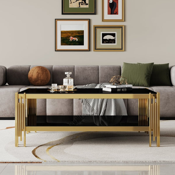 English Elm Top Tier Dual Shelf Tempered Glass Coffee Table with Mirror Polished Steel Frame Black+Gold W1311S00233